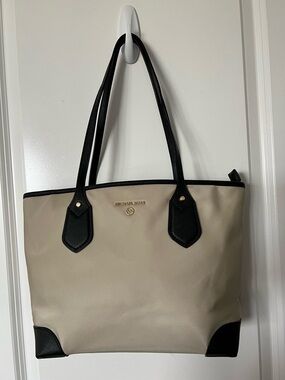 Michael Kors Taupe and Black Leather-Trim Tote